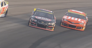 Last laps: Brenden Queen and Brent Crews battle for the win at Iowa Speedway